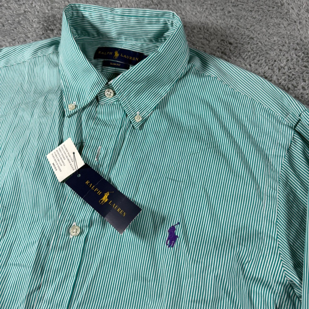 NWT Polo Ralph Lauren Button Down Shirt Mens L Green Striped Slim Fit Long Sleev